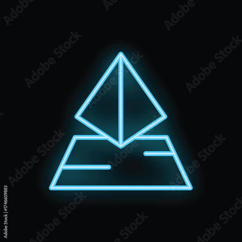 Neon blue glowing pyramid floating above another pyramid on a black background