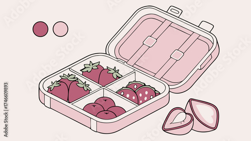 Pink Lunchbox with Strawberries and Berries Cute Cartoon Style Illustration for Kids Menu Food Blog Packaging Design.