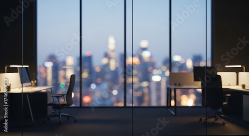A contemporary office interior bathed in the soft glow of modern desk lamps, offering a captivating view of a vibrant, blurred city skyline at dusk or night through expansive floor-to-ceiling windows.