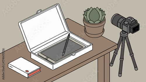 Digital drawing tablet camera and succulent plant on a table isometric illustration.