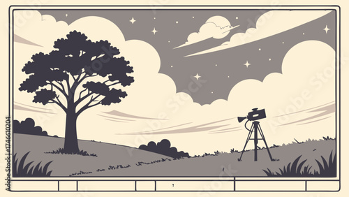 Retro Style Filmmaking Scene Camera on Tripod Tree Silhouette Night Sky Clouds Hills.