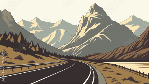 Road through Mountains Landscape Illustration.