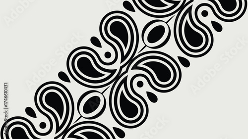 Bold black and white paisley pattern element for textile design or striking contemporary background, offering elegant simplicity for creative applications