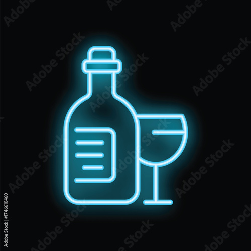 Blue neon sign depicting bottle and glass, ideal for bar or restaurant promotion