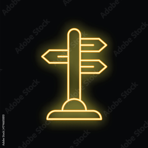 Neon sign showing a direction signpost with three blank arrows pointing in different directions, possibly indicating multiple choices or paths
