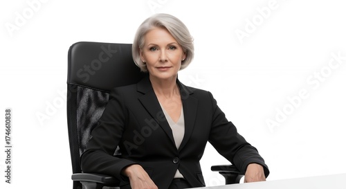 A poised and confident mature woman with elegant gray hair sits professionally in a modern office chair, looking directly at the viewer with a calm expression. Dressed in a sophisticated black busines