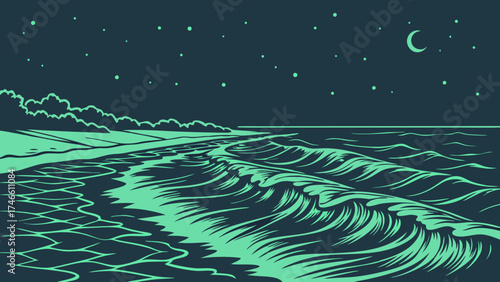 Evening Waves and Celestial Scene Illustration.