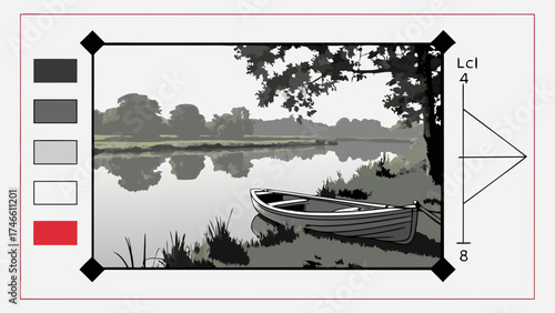 Serene Lakeside Rowboat Scene Calm Water Greyscale Landscape Nature Illustration.