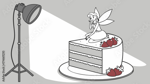 Fairy on a cake slice studio lighting whimsical illustration fantasy character sweet treat dessert food photography digital art graphic design.