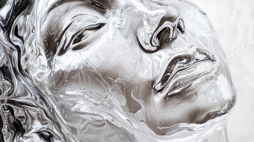 Ethereal Abstract Portrait: Human Face Emerging from Swirling, Reflective Liquid Glass and Polished Metal, a Fusion of Transparency and Form