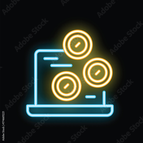 Neon sign representing the concept of online earning with a laptop and coins falling on it