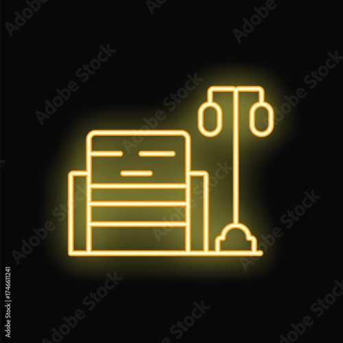 Neon yellow icon of a park bench and street light is glowing on a black background