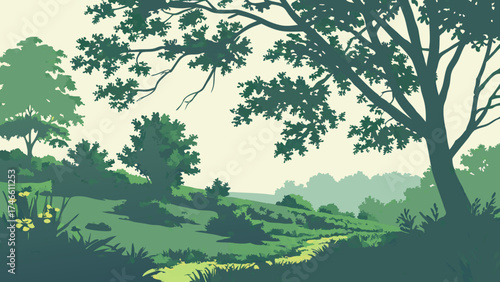 Serene Landscape Illustration Green Hills Trees and Stream - Nature Art Background for Design Projects.