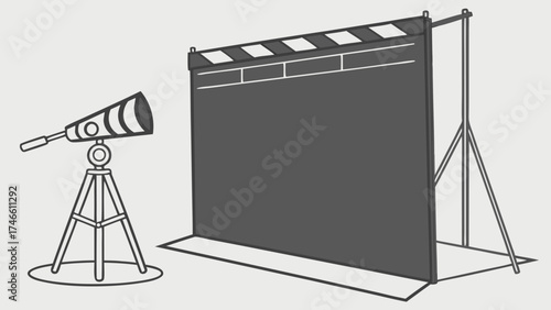 Filmmaking equipment clapperboard backdrop telescope movie production video production studio setup film set movie making video making broadcasting cinematography television production.