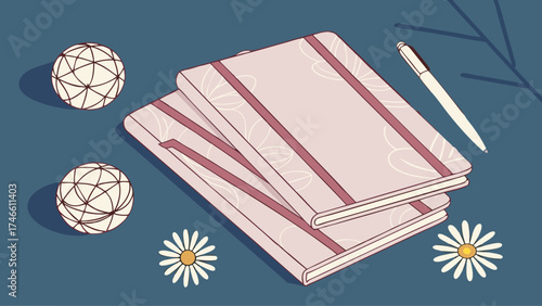 Flatlay illustration of notebooks pen daisies and decorative balls on a dark background.