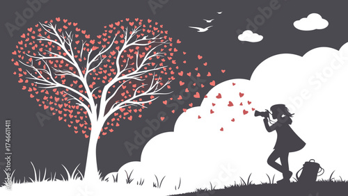 Silhouette of a person photographing a heart-shaped tree with hearts falling like petals romantic whimsical illustration.