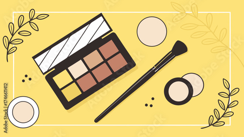 Flatlay of eyeshadow palette makeup brush and cosmetic compacts on yellow background.