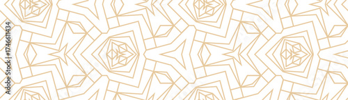 Minimalistic lineart seamless vector pattern. Abstract repetitive background with lines and geometrical ornaments. Simple and elegant design style. Gold color on white or transperent background.