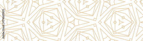 Minimalistic lineart seamless vector pattern. Abstract repetitive background with lines and geometrical ornaments. Simple and elegant design style. Gold color on white or transperent background.