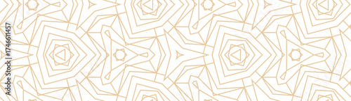 Minimalistic lineart seamless vector pattern. Abstract repetitive background with lines and geometrical ornaments. Simple and elegant design style. Gold color on white or transperent background.