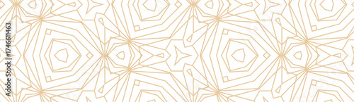 Minimalistic lineart seamless vector pattern. Abstract repetitive background with lines and geometrical ornaments. Simple and elegant design style. Gold color on white or transperent background.