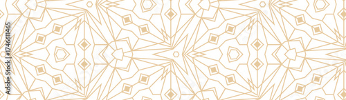 Minimalistic lineart seamless vector pattern. Abstract repetitive background with lines and geometrical ornaments. Simple and elegant design style. Gold color on white or transperent background.