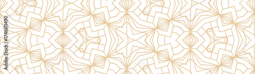 Minimalistic lineart seamless vector pattern. Abstract repetitive background with lines and geometrical ornaments. Simple and elegant design style. Gold color on white or transperent background.