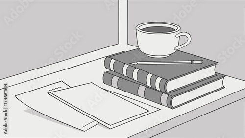 Simple Workspace Scene with Coffee Cup Books and Paper.