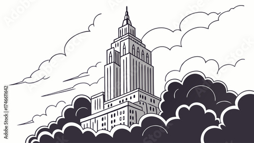 Skyscraper Piercing Clouds - Retro Illustration.