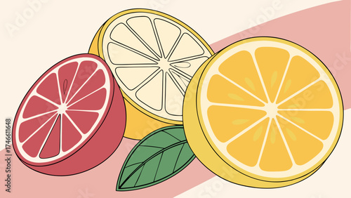 Slices of Citrus Fruits with Leaf Illustration.
