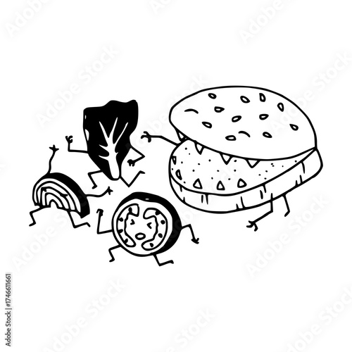 fast food characters running away from hamburger