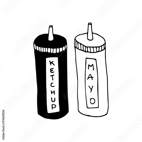 hand drawn ketchup and mayonnaise squeeze bottles duo