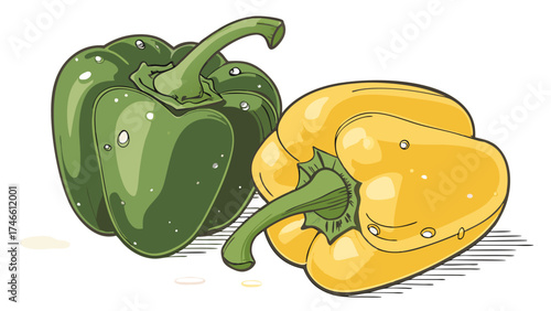 Fresh Green and Yellow Bell Peppers Illustration Vegetable Food Produce Drawing Graphic Design.