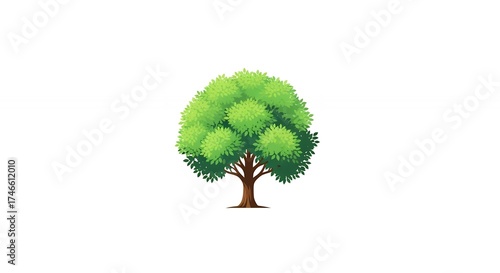 A vibrant and stylized digital illustration of a healthy, mature tree stands prominently with a lush, full canopy displaying various shades of green foliage, indicating natural depth and vitality. Its
