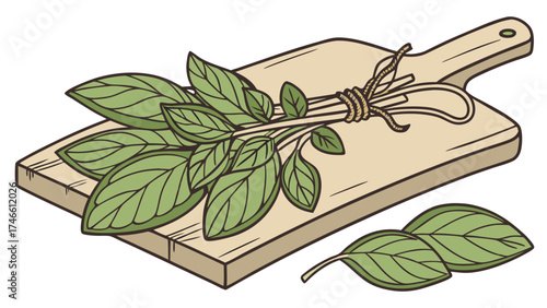 Fresh green herbs arranged on a wooden cutting board culinary illustration.