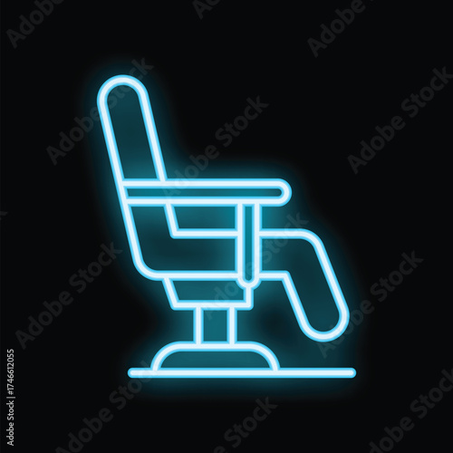 Bright blue neon barbershop chair glowing on a black background