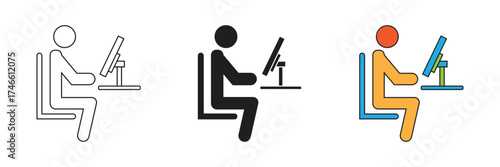 Office worker icon sitting at a computer desk. Flat design office worker icon. Great for web design and business. Great for web, business and entertainment.