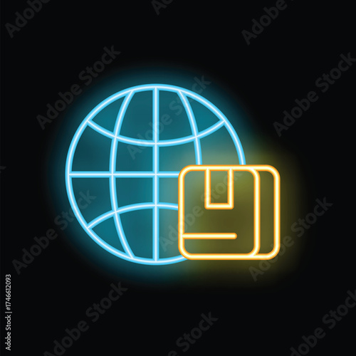 Neon sign representing the concept of worldwide shipping with a world grid and a cardboard box