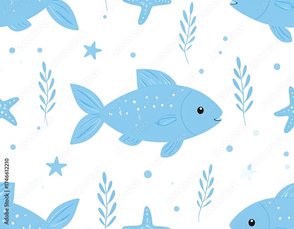 Cute blue fish seamless pattern design on white background for various uses