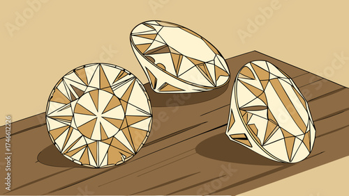 Geometric Gemstones on Wood Surface.