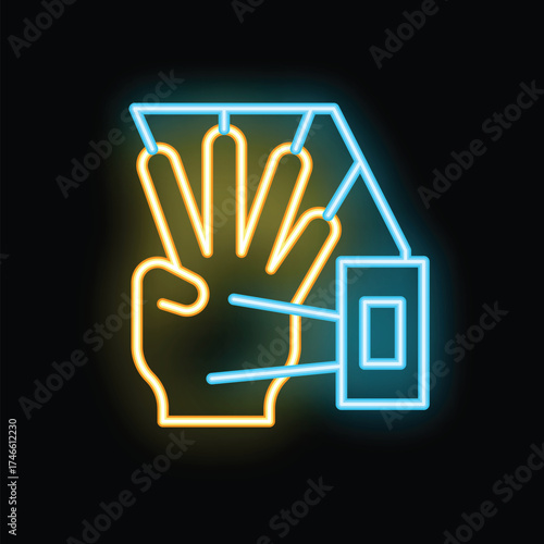 Neon icon of a hand being scanned for biometric identification, representing security and access control
