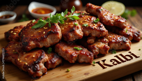 Grilled kalbi beef ribs served on a wooden platter with herbs  