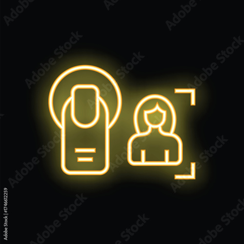 Glowing neon icon of a finger with its fingerprint being scanned for facial recognition software