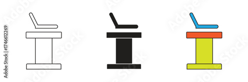 Vector icon of a computer desk with a monitor and a document tray, representing a neat and productive workspace. Great for web, business and entertainment.