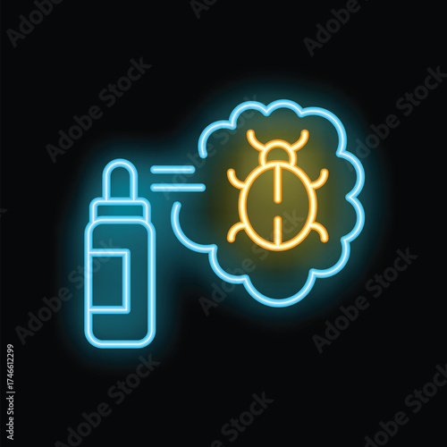 Neon icon of bug spray eliminating insect with vapor cloud, representing pest control and insecticide effectiveness