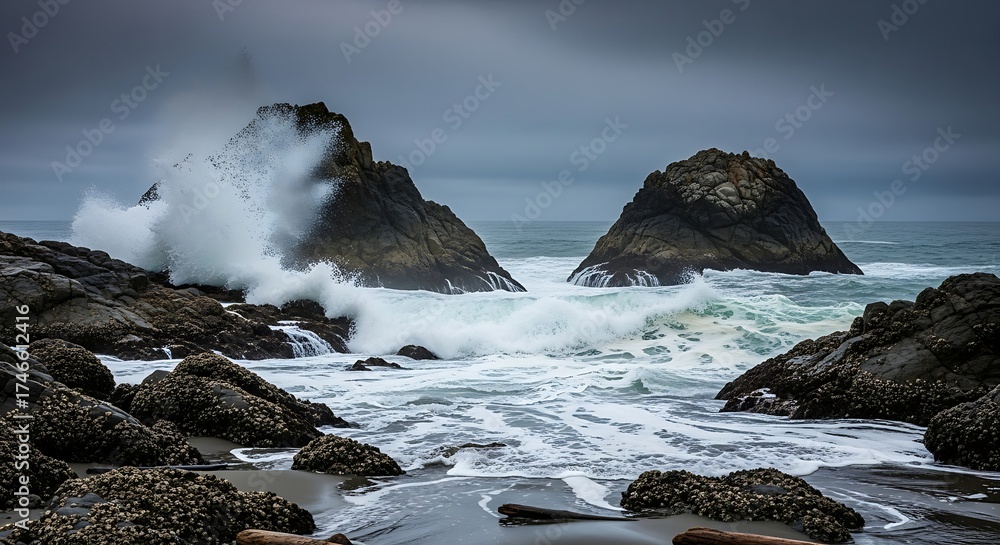 Fototapeta premium Ocean waves crashing against rock formations on a stormy day