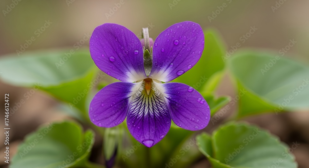 Fototapeta premium A vibrant purple flower, adorned with delicate morning dew drops, stands out in a captivating macro close-up. Each petal showcases its rich hue, contrasting beautifully with the intricate patterns in 
