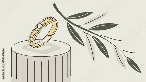 Gold ring with gemstone on a pedestal minimalist illustration with leaves.