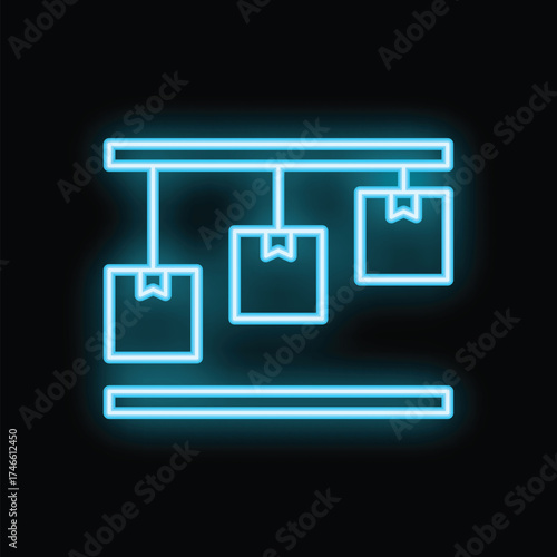 Minimalistic glowing blue neon icon representing a conveyor belt with three hanging boxes, evoking concepts such as logistics, automated delivery and online shopping