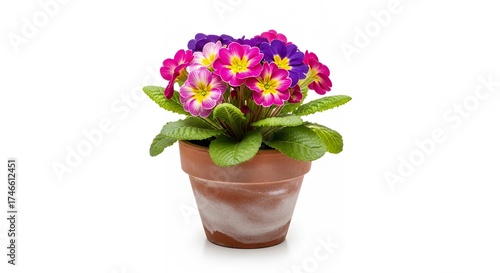 Wallpaper Mural A vibrant potted flowering plant bursts with color, showcasing an abundance of beautiful blossoms in shades of bright pink, cheerful purple, and sunny yellow centers, nestled among lush green foliage. Torontodigital.ca